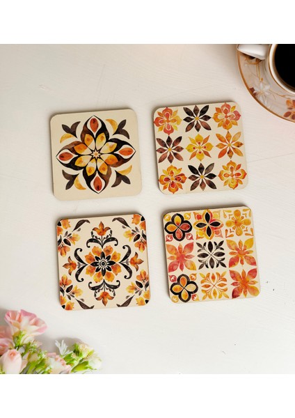 Çiçek Desenli Canlı Renkli Ahşap Bardak Altlıkları - 4'lü Set