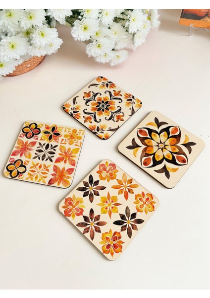 Çiçek Desenli Canlı Renkli Ahşap Bardak Altlıkları - 4'lü Set fiyatları