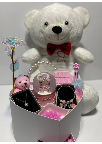 Sevgiliye Özel Ayıcıklı Hediye Kutusu -Hediye Seti-Kolye-Bileklik-Kar Küresi-65 cm Ayıcık-Aşk Kutusu