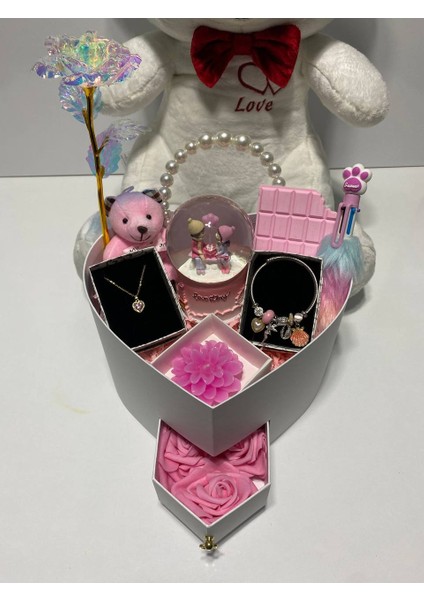 Sevgiliye Özel Ayıcıklı Hediye Kutusu -Hediye Seti-Kolye-Bileklik-Kar Küresi-65 cm Ayıcık-Aşk Kutusu fiyatları
