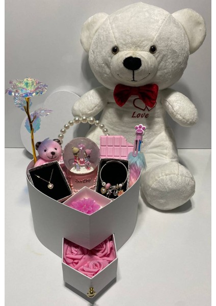 Sevgiliye Özel Ayıcıklı Hediye Kutusu -Hediye Seti-Kolye-Bileklik-Kar Küresi-65 cm Ayıcık-Aşk Kutusu modelleri