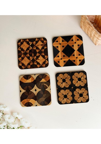 Ahşap Desenli Geometrik Bardak Altlıkları- 4\'lü Set