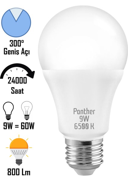 9W Beyaz LED E27 Ampul Tasarruflu Lamba 6500 K Beyaz Işık 800 Lümen 9W=60W