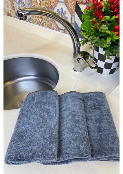 ( 3 Adet ) Sihirli Mikrofiber Kareli Gri Mutfak Temizlik Bezi Leke Tutmaz