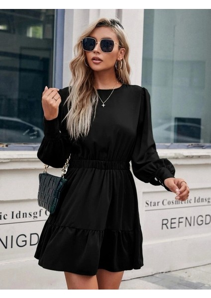 Kadın Uzun Kollu Bisiklet Yaka Beli Lastikli Fırfırlı Ithal Krep Elbise