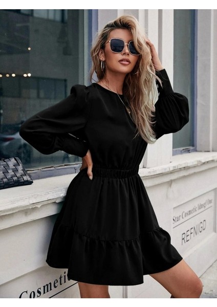 Kadın Uzun Kollu Bisiklet Yaka Beli Lastikli Fırfırlı Ithal Krep Elbise modelleri