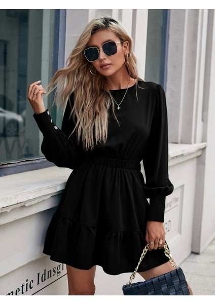 Kadın Uzun Kollu Bisiklet Yaka Beli Lastikli Fırfırlı Ithal Krep Elbise indirimleri