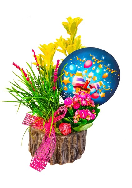 Doğum Günü Çiçeği Elegant Happy Birthday Tasarımı & Taflan Kalanchoe Aranjman Hediye Çiçek