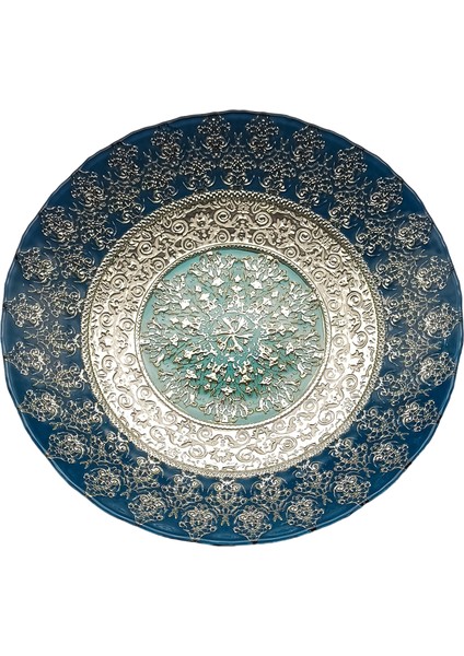Mavi Ve Gümüş Detaylı Cam Dekoratif Tabak - 30 Cm