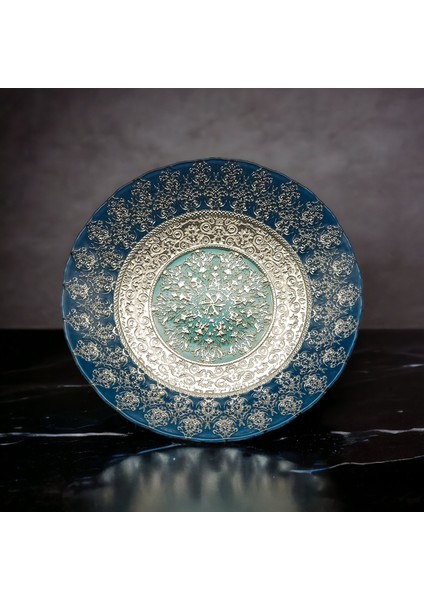 Mavi Ve Gümüş Detaylı Cam Dekoratif Tabak - 30 Cm