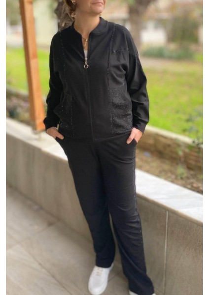 Büyük Beden Siyah Liza Taşlı Eşortman Takım