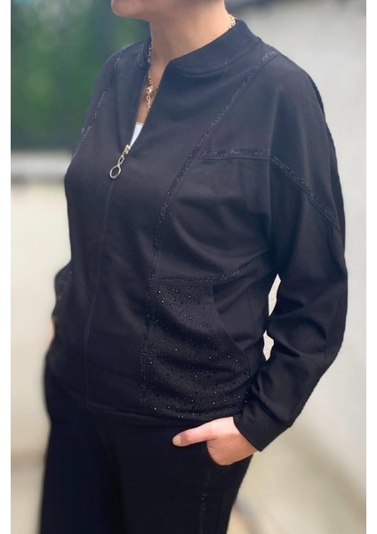 Büyük Beden Siyah Liza Taşlı Eşortman Takım