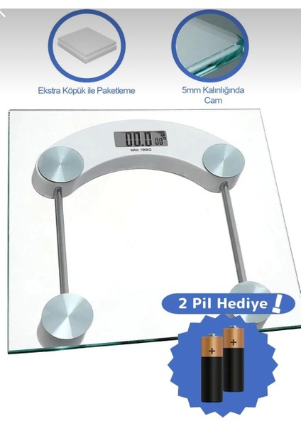 Damascus Pil Hediyeli Dijital Cam Baskül Tartı 180 kg LCD Ekranlı Beyaz