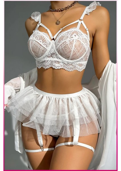 Kadın Beyaz Tül Etekli, Göğüs Balenli Kostüm