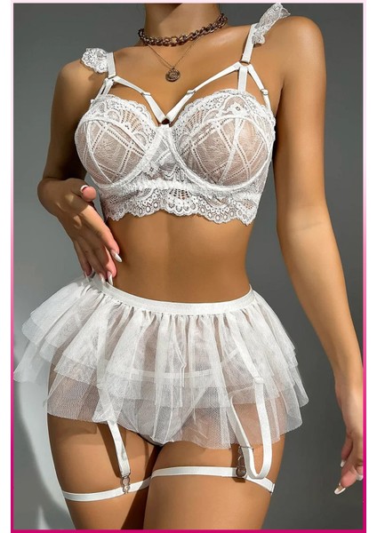 Kadın Beyaz Tül Etekli, Göğüs Balenli Kostüm modelleri