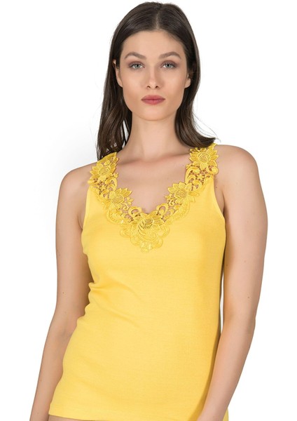 Kadın Pamuklu Ribana Dantelli Güpürlü Manolya Atlet