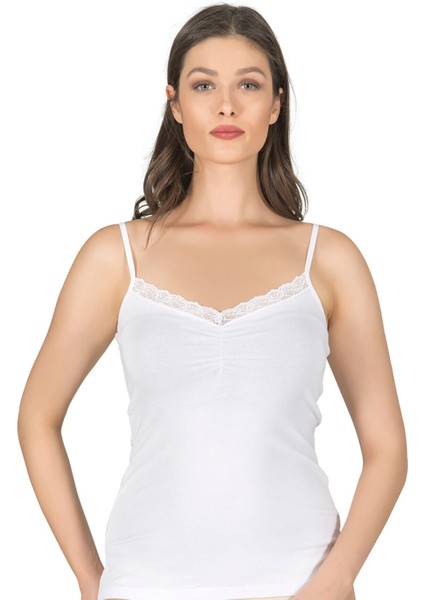 Önü Büzgülü Dantelli Likralı Pamuklu Ip Askılı Kadın Penye Atlet