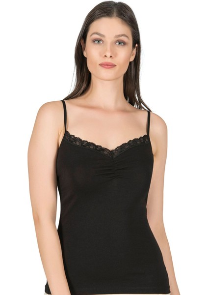 Önü Büzgülü Dantelli Likralı Pamuklu Ip Askılı Kadın Penye Atlet