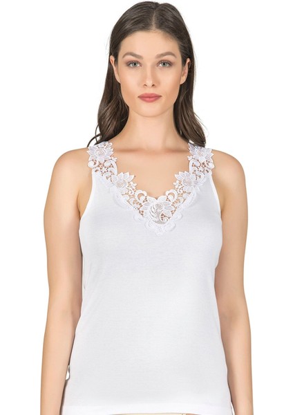 Kadın Pamuklu Ribana Dantelli Güpürlü Manolya Atlet