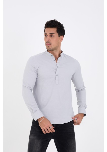 Yarım Pat Hakim Yaka Pamuklu Likralı Gömlek