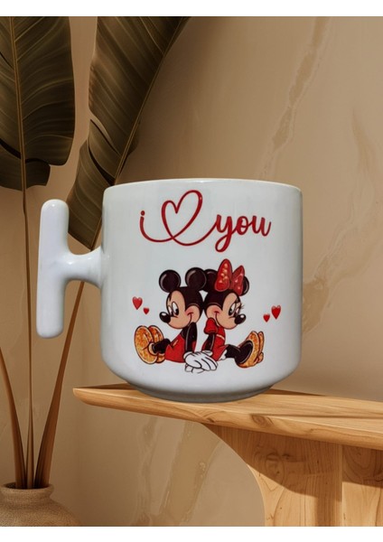 Micky Mouse Love Yazılı Özel Tasarım T Kupa Bardak (Beyaz T)