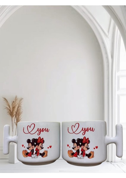 2'li Micky Mouse Love Yazılı Özel Tasarım T Kupa Çift Bardağı