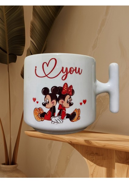 2'li Micky Mouse Love Yazılı Özel Tasarım T Kupa Çift Bardağı