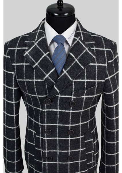 Erkek Yün Slim Fit Pis Dikişli Kruvaze Palto