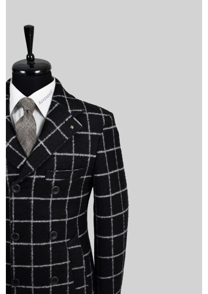 Erkek Yün Slim Fit Pis Dikişli Kruvaze Palto