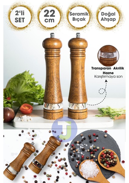 2 Adet Doğal Ahşap Karabiber Tuz Kahve Baharat Öğütücü Ahşap Değirmen Tuzluk Biberlik 2li Set 22CM Akrilik