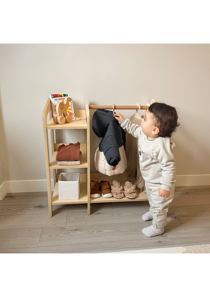 Montessori Gardırop, Çocuk Odası Giysi Askılığı - Naturel