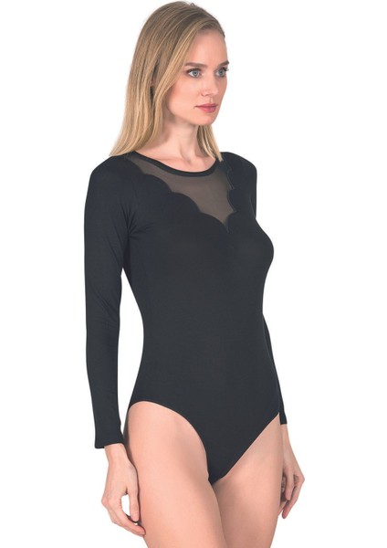 Kadın Viskon Uzan Kollu Tül Detaylı Esnek Rahat Kancalı Çıtçıtlı Body