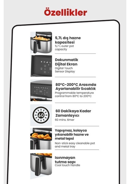 Optima 1700 Watt Xl Dijital Dokunmatik 8 Ön Programlı Airfryer Yağsız Kızartma Sıcak Hava Fritöz modelleri