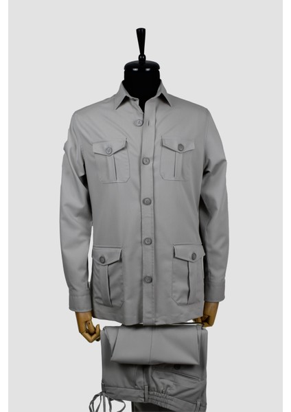 Relax Fit Düğmeli Cepli Düz Pamuk Karışımlı Uzun Kollu Alt-Üst Takım Gömlek