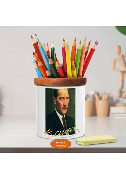 Takım Elbiseli Mustafa Kemal Atatürk Ahşap Seramik Kalemlik-A(77) fiyatları