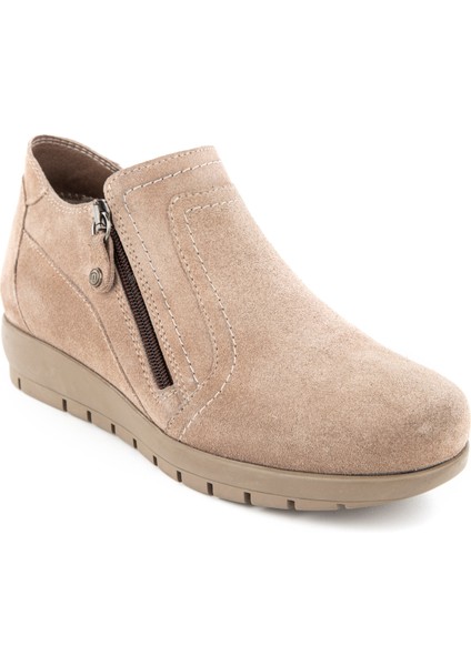Abelia 6 Nokta Anatomik Taban Hakiki Deri Fermuarlı Kadın Bot Bej