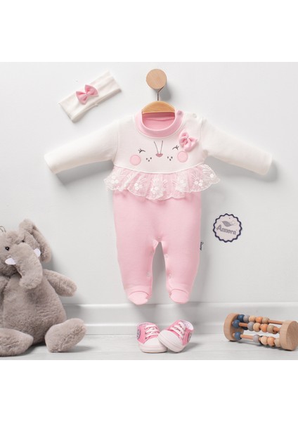 Fiyonklu Güpürlü Tavşan Kız Bebek Tulumu