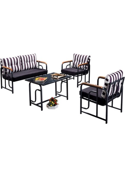 Serdem 2+1+1+Sehpa Bahçe Balkon Mobilya Takımı Siyah Çizgili