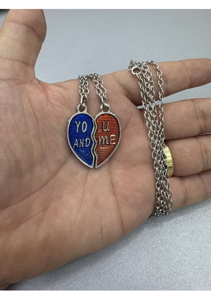 Sen ve Ben Yazılı Kalp Şeklinde Ikili Çift Iki Adet 60 cm Zincir Gümüş Kaplama Kolye