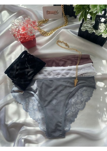 Dantelli, Transparan, Kadın Külot Seti 4'lü (Siyah, Beyaz, Pudra, Gri)