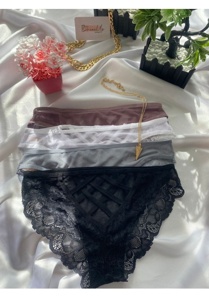 Dantelli, Transparan, Kadın Külot Seti 4'lü (Siyah, Beyaz, Pudra, Gri) fiyatları