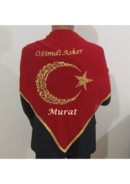 Asker Şalı Kırmızı Gold O Şimdi Asker Nakış Işlemeli Kına - Damat - Asker Omuz Şalı Atkı Isme Özel