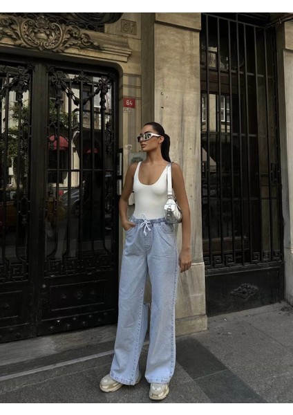 Kadın Arkadan Yırtmaçlı Jeans Kot Palazzo Pantolon - Mavi indirimleri