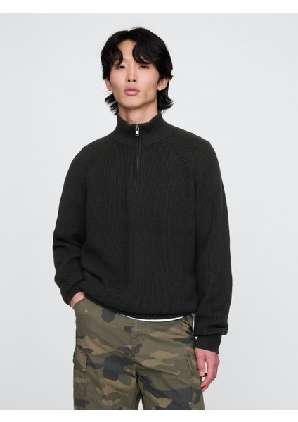 Erkek Siyah Cashsoft Çeyrek Fermuarlı Pullover Kazak