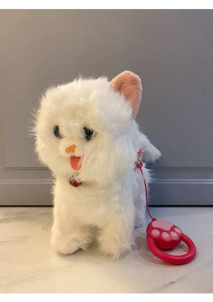 Müzikli Yürüyen Dokununca Miyavlayan Yalayan Kuyruk ve Başını Sallayan Kumandalı Ses Kaydını Tekrarlayan Peluş Beyaz Kedi
