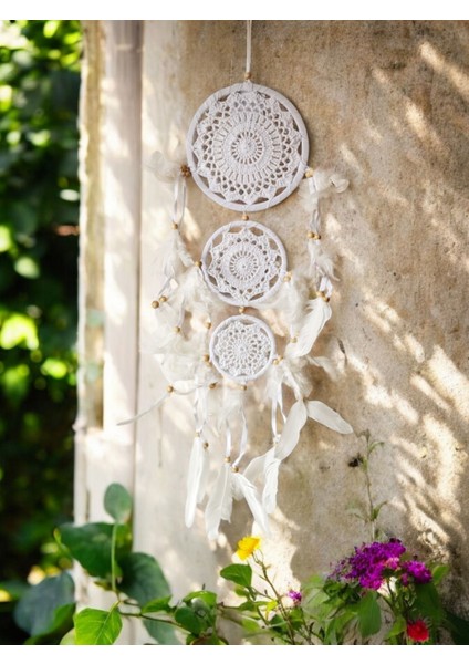 El Yapımı Beyaz Örgü Dantel ve Kuş Tüyü Süslemeli 3'lü Düş Kapanı Dreamcatcher