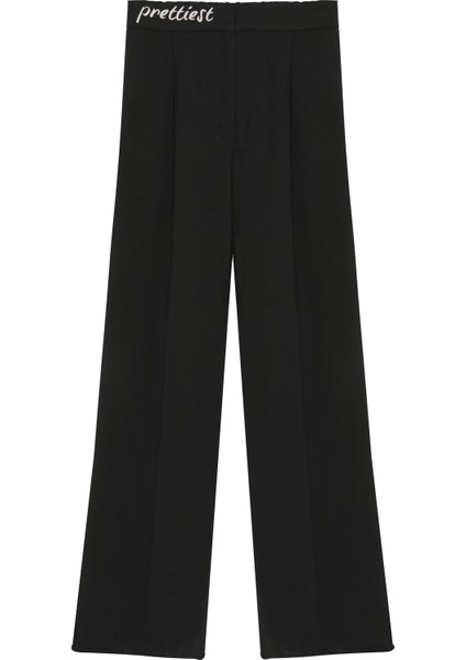 Beli Yazı Baskılı Bol Paça Pantolon Siyah