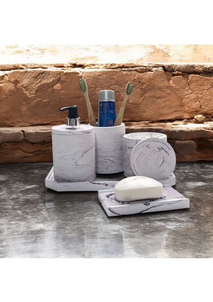 Vintage Tarzda Mermer Temalı Beton Banyo Aksesuar Seti (5 Parça)