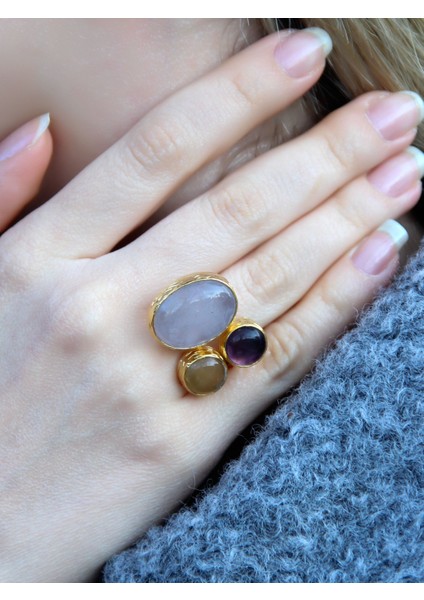 Doğal Taş 3'lü Doğal Taşlı Ayarlanabilir Altın Kaplama Kadın Yüzük Pembe Kuvars Ametist Sitrin EOUY4SAP