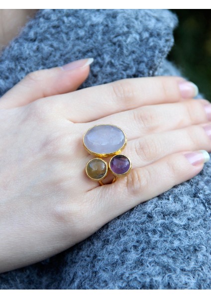 Doğal Taş 3'lü Doğal Taşlı Ayarlanabilir Altın Kaplama Kadın Yüzük Pembe Kuvars Ametist Sitrin EOUY4SAP fiyatları